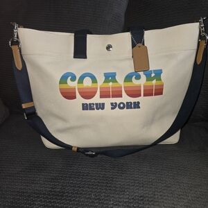 COACH F72848 Rainbow New York Canvas Large Tote Bag Detachable Shoulder Strap